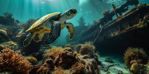 Majestic Sea Turtle Swimming Past a Sunken Shipwreck Surrounded by Coral Reefs in an Underwater Seascape
