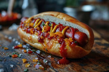 Classic tasty hotdog with some extras - obrazy, fototapety, plakaty