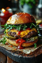 Close-up of home made tasty burger on wooden table - obrazy, fototapety, plakaty