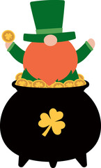 Saint Patricks Day gnome with pot full of gold coins