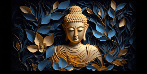 glowing golden buddha and golden abstract leaves on black background - obrazy, fototapety, plakaty