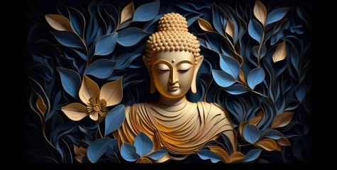 Fotobehang glowing golden buddha and golden abstract leaves on black background © Kien