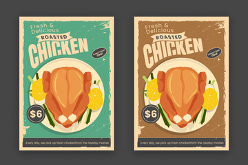Roasted fried chicken retro restaurant poster design, vector vintage style illustration, grilled chicken meat with salad flyer template, delicious food BBQ party banner bundle in green and brown color