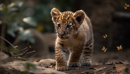 A cute young tiger cub walking in the tropical rainforest generated by AI