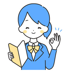 青色｜初心者マークを持つブレザーの女の子｜OKサイン