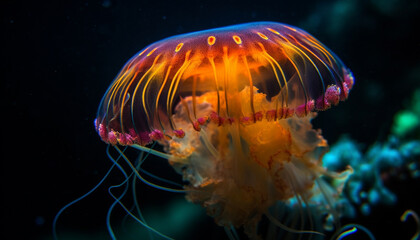 Fototapeta premium Glowing, transparent medusa swims in deep, dangerous, saltwater reef generated by AI