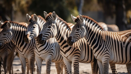 Fototapeta na wymiar A striped zebra stands in a row on the African savannah generated by AI