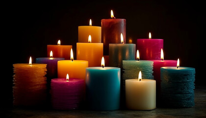 Fototapeta na wymiar Glowing candle illuminates dark night, symbolizing spirituality and celebration generated by AI