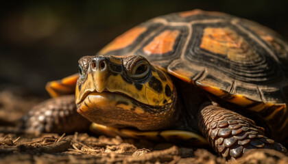 Naklejka premium Cute turtle crawling slowly in nature, its shell is yellow generated by AI