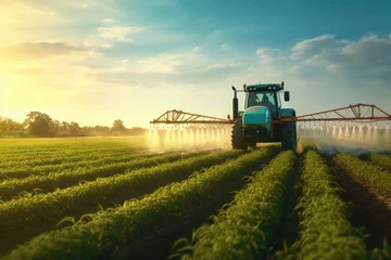 Tuinposter spraying fertilizer with a tractor on a field of green © grigoryepremyan