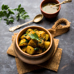 fenugreek potato sabzi or aloo methi masala is healthy indian cuisine. served in a bowl or karahi. selective focus