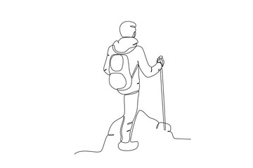 Continuous one line drawing of A man observing the view from the top of the mountain with a stick2. Hiking, adventure tourism, travel. Continuous line draw design vector illustration
