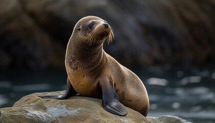 Fototapeta premium Cute sea lion resting on wet rock, looking at camera generated by AI