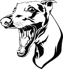 Cartoon Black and White Isolated Illustration Vector Of A Pet Greyhound Whippet Puppy Dogs Face and Head with Mouth Open