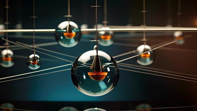 An artistic depiction of a pendulum, representing the concept of spontaneous symmetry breaking and how seemingly identical systems can result in vastly different outcomes over time.