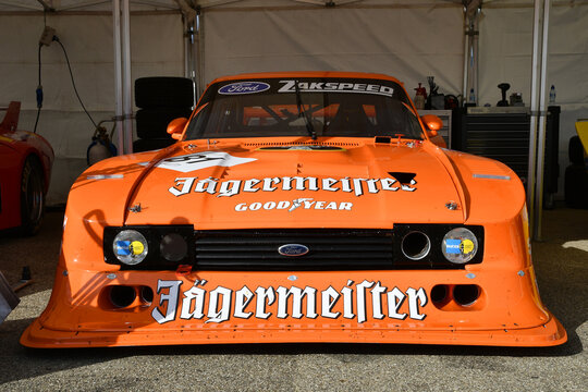 Scarperia, 2 April 2023: Detail of Ford Capri Turbo Gr 5 Jagermeister DRM year 1982 ex Klaus Ludwig in the paddock area during Mugello Classic 2023 at Mugello Circuit in Italy.