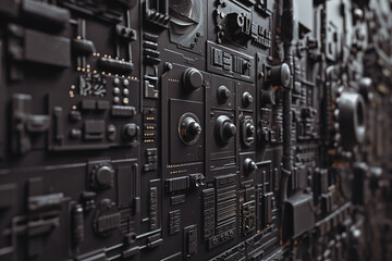 Fototapeta premium Mechanical equipment and pipes background wall, cyberpunk metal style background 