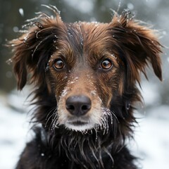 Portrait of a cute black and brown Irish setter dog outdoors in winter