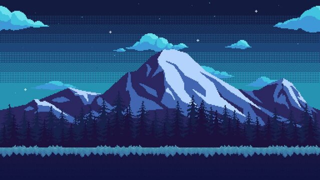 Pixel art mountain at night background animation. Grassy ground against the backdrop of pine forest, snow-capped peaks and starry sky with moving clouds. Horizontal animated looping nature landscape.