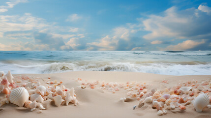 Fototapeta na wymiar tropical beach Seashells on the sand overlooking the sea and sky.