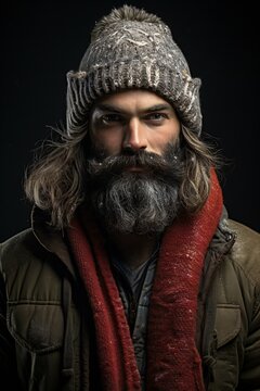 Handsome bearded man with long beard, mustache and moustache on serious face in winter hat and jacket on black background