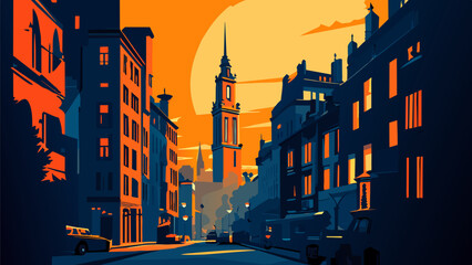 Obraz premium A cityscape with a historic clock tower. vektor icon illustation