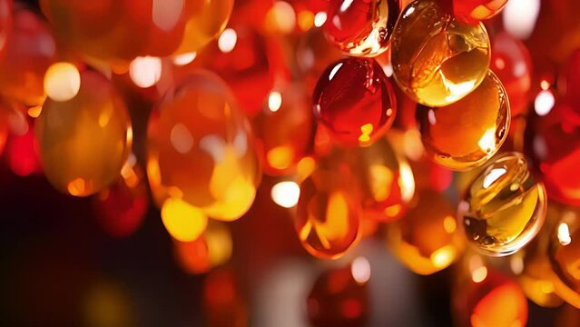 Beads of Schnapps sparkling in vibrant hues of red and yellow suspended in time and space in a mesmerizing slowmotion macro shot.