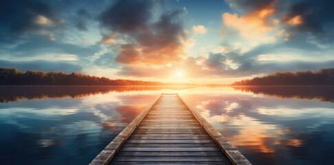 a wooden pier over a calm lake during sunrise