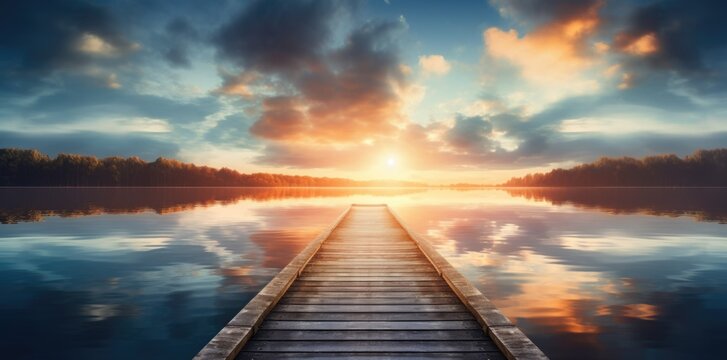 Fototapeta a wooden pier over a calm lake during sunrise