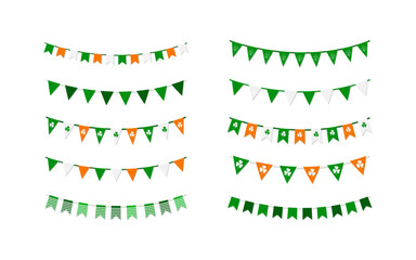 St. Patrick's Day holiday bunting flat set. Paper flags, decorations in traditional colors.