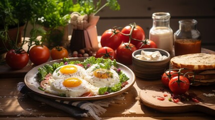 greek breakfast on wooden table, studio lighting, food photography, 16:9