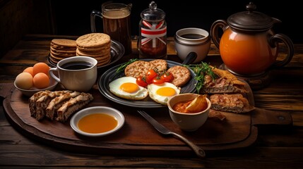 british breakfast on wooden table, studio lighting, food photography, 16:9