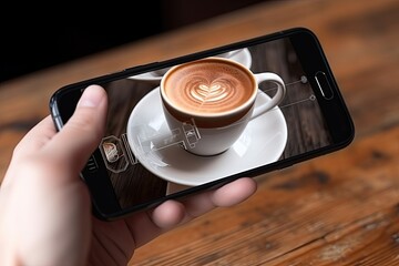 A hand holds a phone with an augmented reality application and a cup of coffee on the table. AR technologies for 3D models in a coffee shop, online store.