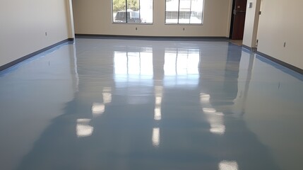 New shiny epoxy resin floor in a large, brightly lit room. Office, warehouse, production workshop after renovation. - obrazy, fototapety, plakaty