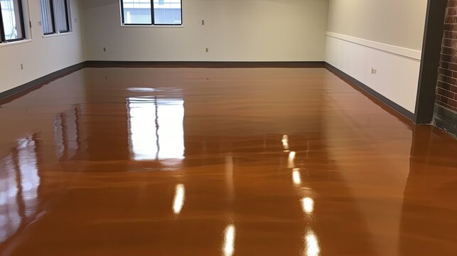 New shiny epoxy resin floor in a large, brightly lit room. Office, warehouse, production workshop after renovation.