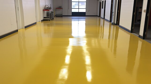 New shiny epoxy resin floor in a large, brightly lit room. Office, warehouse, production workshop after renovation.