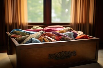 Multi-colored blankets, towels, clothes are neatly folded in a vintage wooden box, chest. Cozy atmosphere of an old house.