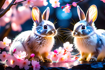 Rabbits with cherry blossoms.
Generative AI