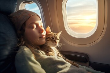 A young beautiful woman sleeps near an airplane window hugging a cat during a flight. A tired girl dozes on an airplane with a view of the sunset, dawn. - Powered by Adobe