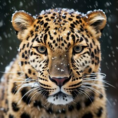 Close-up portrait of a leopard in the snow in winter