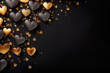 golden and black hearts with golden glitter on black ground with space for text, valentines day background - obrazy, fototapety, plakaty