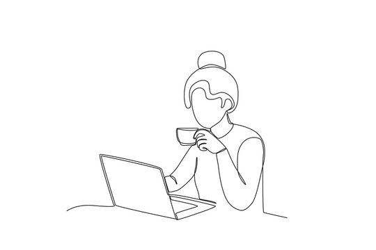 Single continuous line drawing of Woman working from home drinking coffee. Remote work from home. Online education, studying student. One line draw graphic design vector illustration
