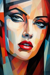 Abstract portrait of a beautiful young woman with red lips,  Contemporary art collage