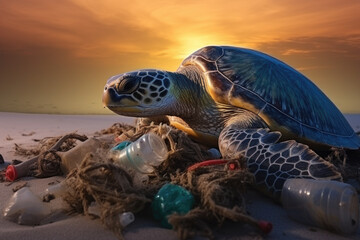 sea turtle on the beach with garbage, plastic waste, Environmental pollution