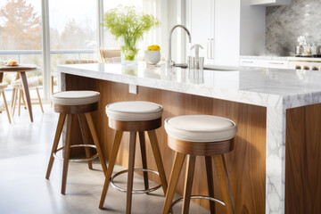 A contemporary kitchen island with sleek bar stools, focus on the details of the stool design and countertop material