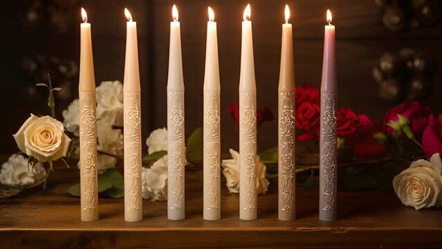 A set of elegant taper candles, each with a different number etched into the wax, adding a touch of romance to any space.