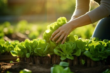 Home cultivation Woman handpicking lettuce in the family salad garden