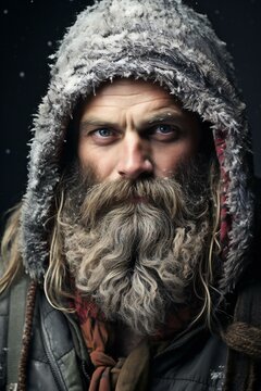 Close-up portrait of a brutal caucasian hipster with long snowy beard and mustache in winter clothes on a black background studio