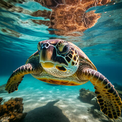 Fototapeta premium Image of a sea turtle swimming in the sea.