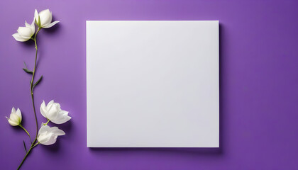 Blank White Paper Mockup on Regal Purple Background with Elegant Floral Accent created with generative ai